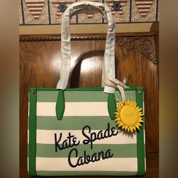 NWT-Kate Spade-Market Cabana☀️Canvas Medium Tote-Green & White Striped-$228: - Picture 1 of 16